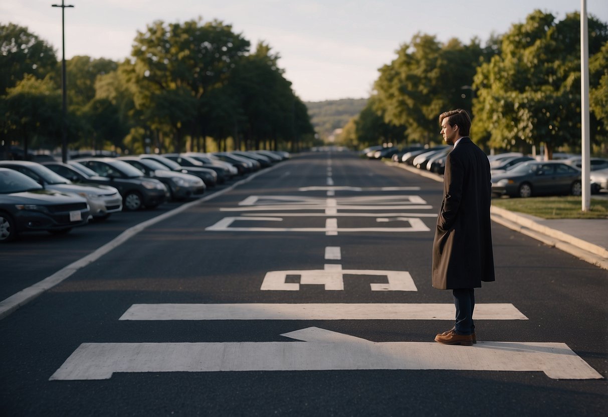 A person stands at a crossroads, with one path leading to a legal building and the other to a question mark. The person is contemplating their role in an accident, unsure of their next steps