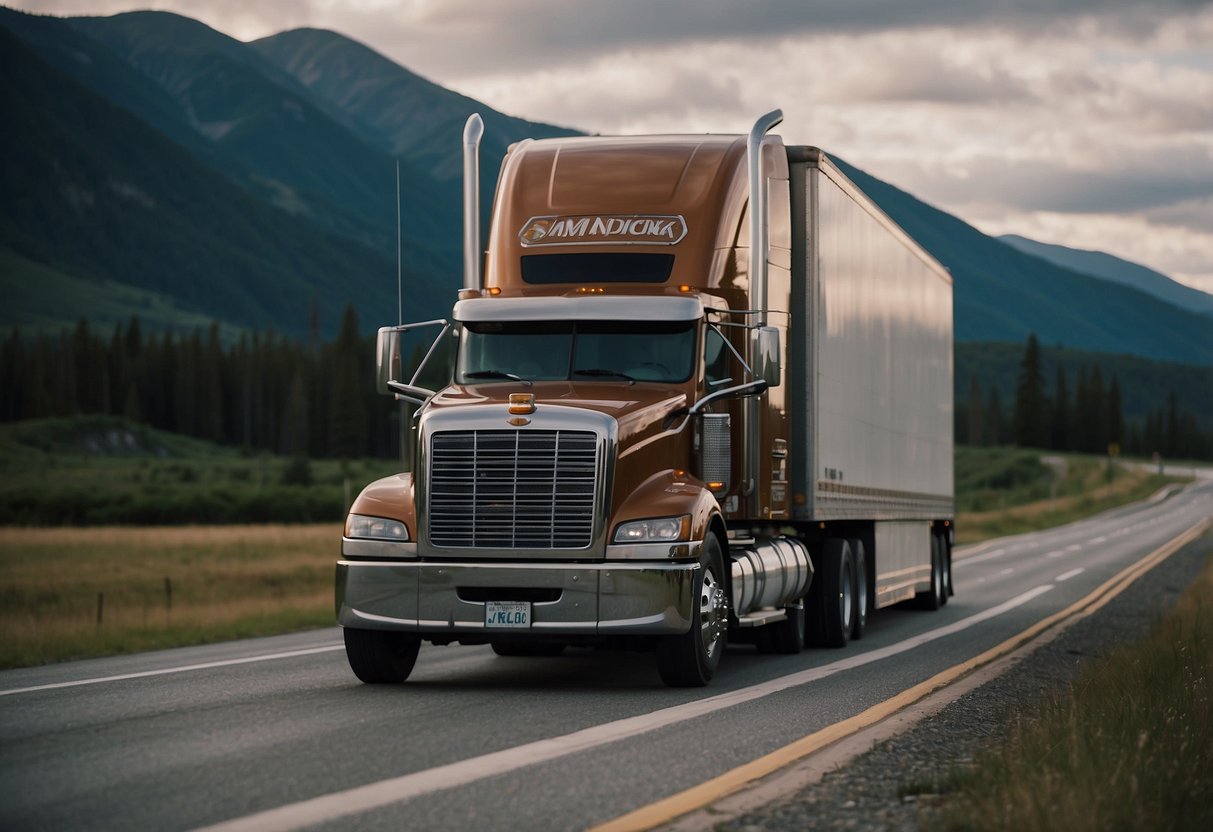 A semi-truck with "Commercial Vehicle Insurance" signage drives on a highway, passing a sign displaying "Mandatory Trucking Insurance Required by Law."