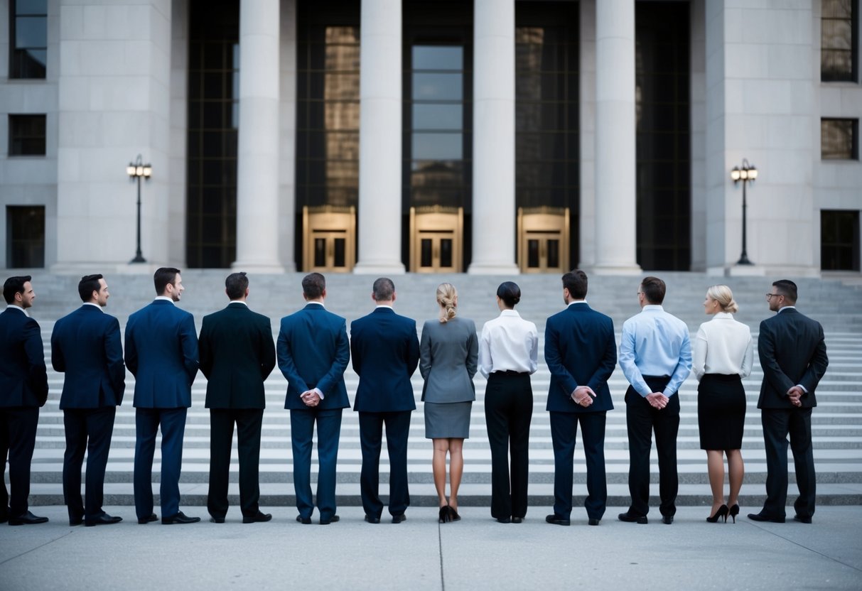 A group of people in business attire lined up outside a large, imposing law firm building, waiting to enter for interviews