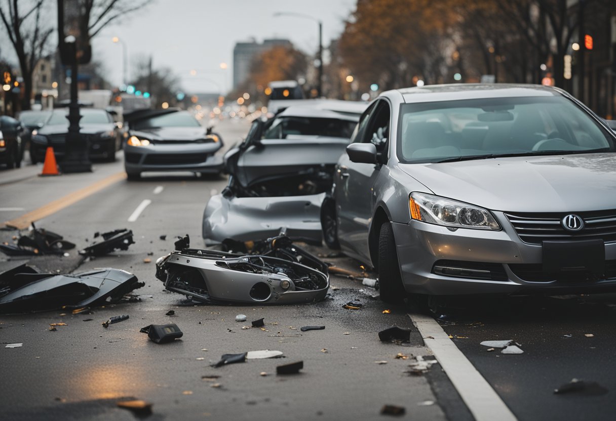 A car wreck on a busy Indianapolis street, with two cars colliding and debris scattered across the road