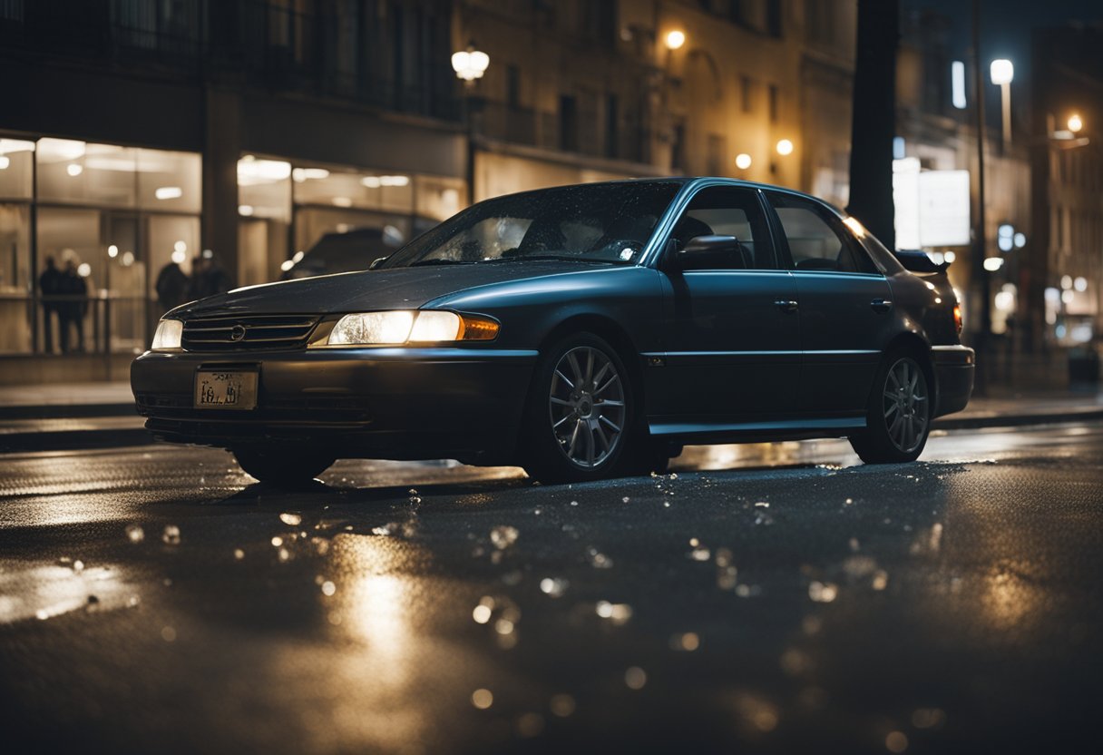 A car crashes into a parked vehicle on a dimly lit street. The driver flees the scene, leaving behind a trail of broken glass and skid marks