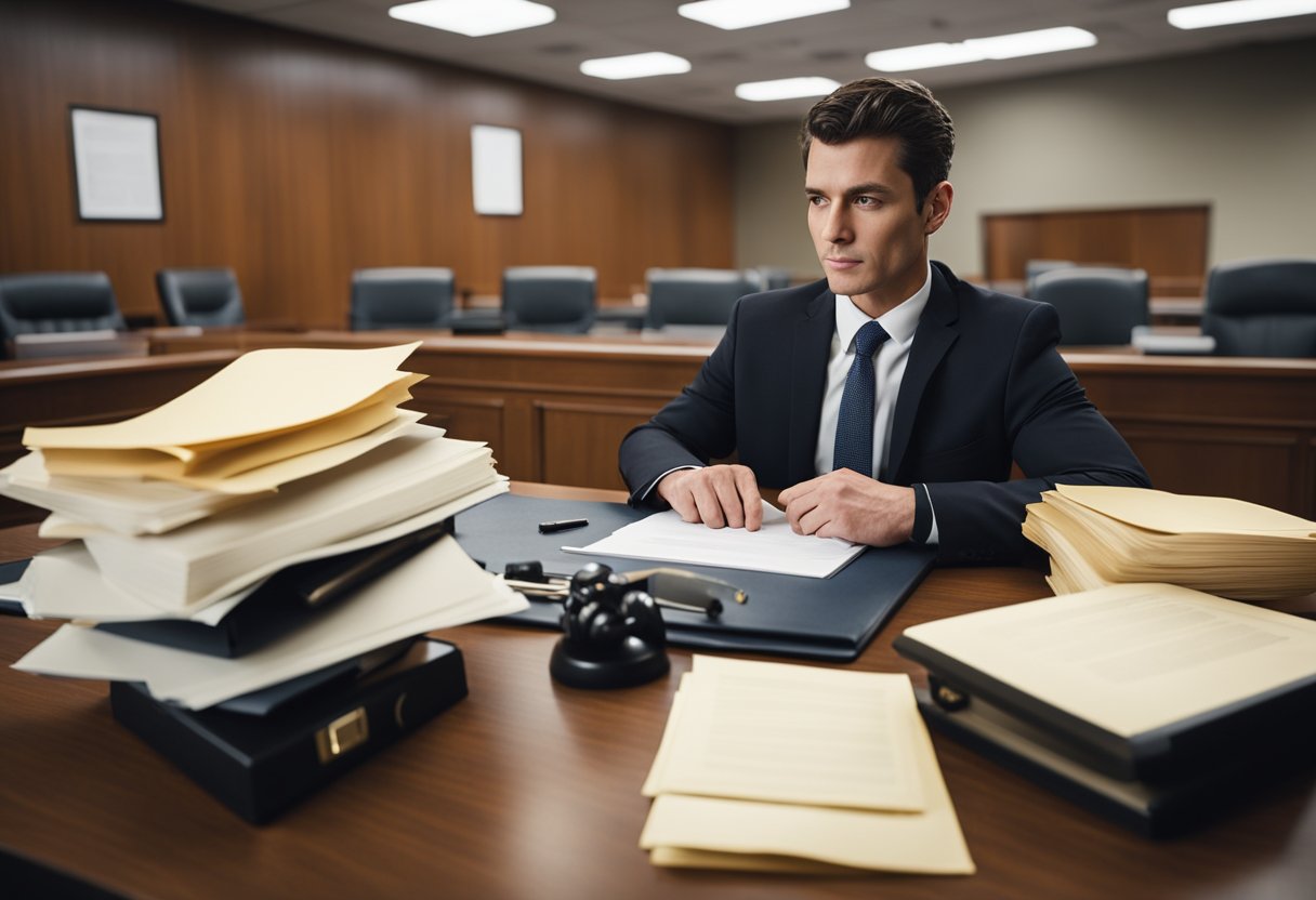 A public defender sitting at a cluttered desk, shaking their head while looking at a case file. The courtroom in the background is empty