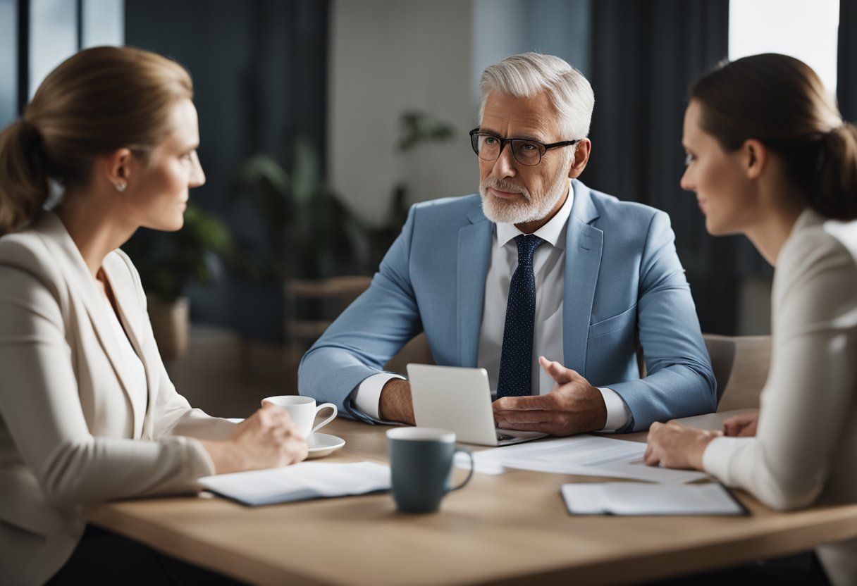 A family mediator sits at a table between two parties, listening attentively as they discuss the benefits and drawbacks of using mediation in divorce cases