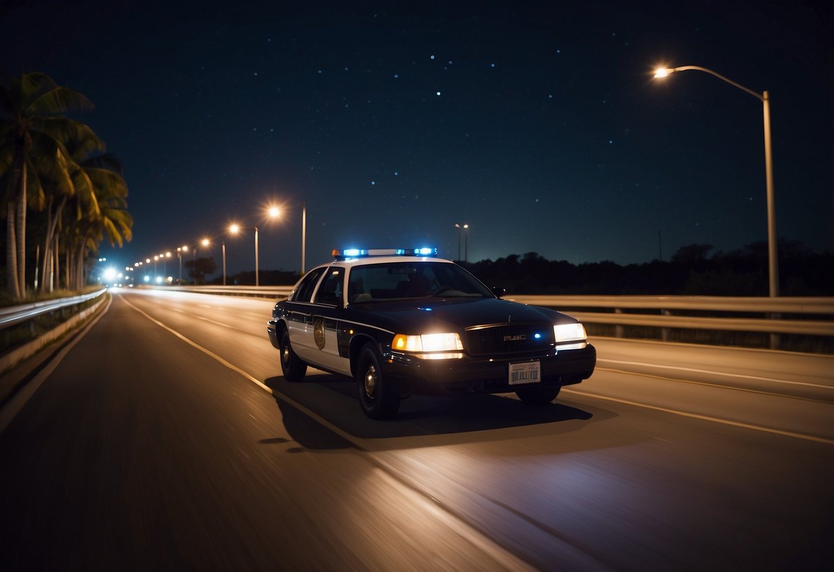 A police car pulls over a speeding car on a Florida highway, flashing lights illuminating the night