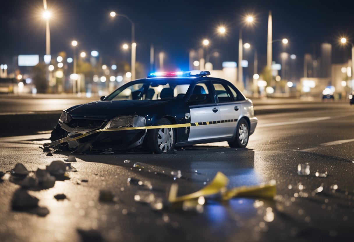 A car crash scene with skid marks, broken glass, and a damaged vehicle. Police officers collecting evidence such as blood alcohol content tests and witness statements