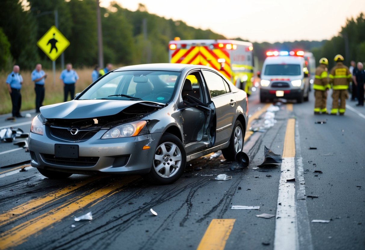 A damaged car with deployed airbags, skid marks on the road, and scattered debris. Emergency vehicles and bystanders in the background