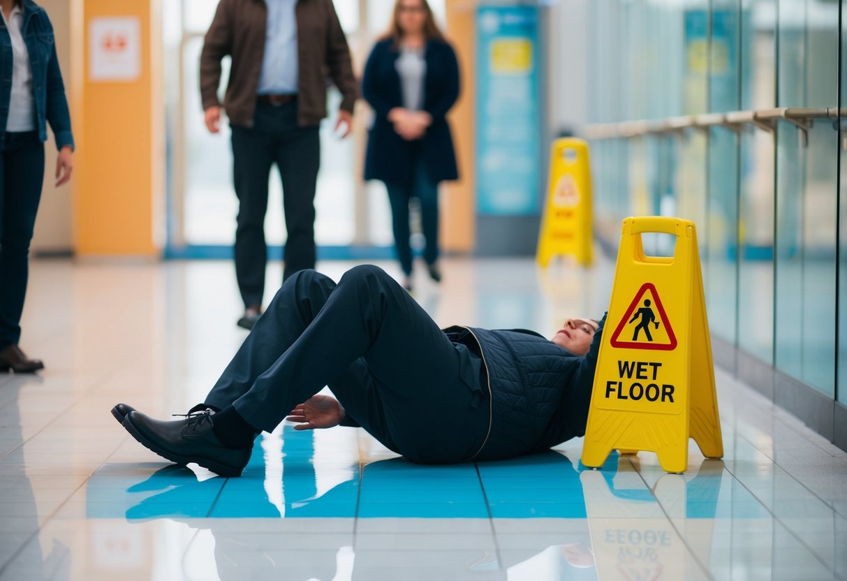 A person slipping on a wet floor in a public building, with a "wet floor" sign nearby and a concerned onlooker